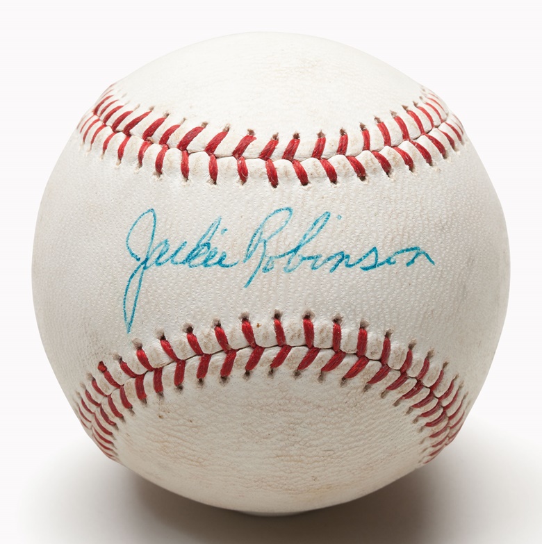 Jackie Robinson single signed baseball. Estimate $30,000-40,000. This lot is offered in The Golden Age of Baseball, Selections of Works from the National Pastime Museum on 19-20 October 2016 at Christie’s in New York