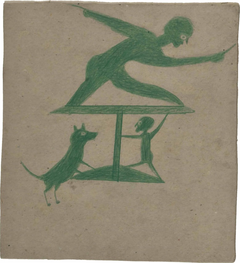 Bill Traylor (1854-1949), Green Construction with Two Men and a Dog, 1939-1942. Crayon on card, 10⅜ x 9⅝ in. Estimate $30,000-50,000. This lot is offered in Important American Furniture, Silver, Outsider and Folk Art on 20 September 2016 at Christie’s in New York, Rockefeller Plaza