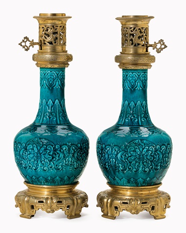 Kirill selects  A pair of ormolu-mounted French faience vases mounted as oil lamps. Late 19th century, attributed to Theodore Deck. 16½ in (40.6 cm) high. This lot was offered in Opulence on 10 October 2016 at Christie’s in New York, Rockefeller Plaza