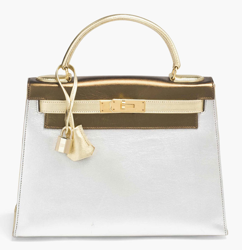 Rare Kelly bag 28 in tri-coloured lambskin leather in gold, silver and bronze, gilt decoration. Hermès, 1992. Sold for €91,500 on 9 March 2015