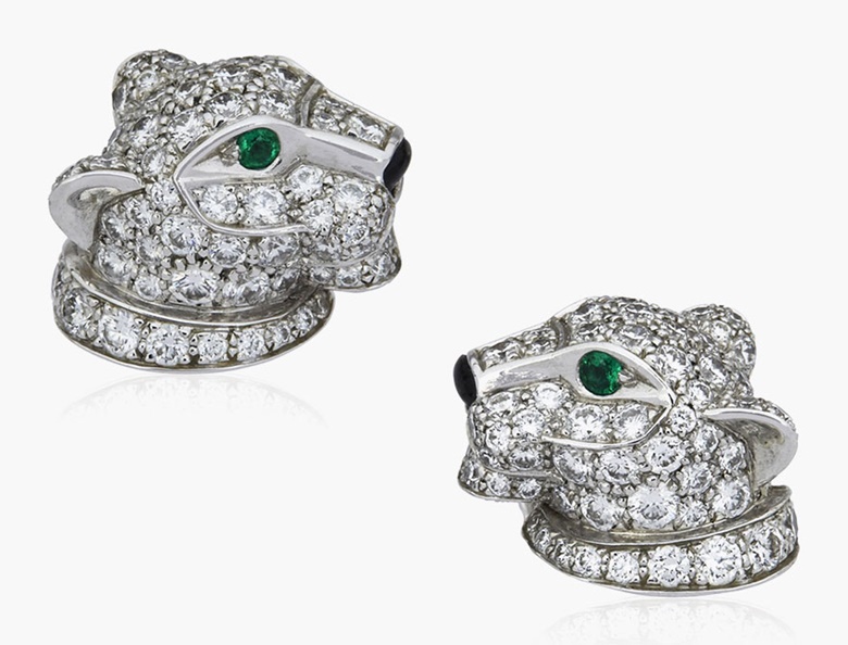 Cartier ‘Panthère de Cartier’ diamond, emerald and onyx earrings. Estimate $5,000-7,000. This lot is offered in Christies Jewels Online, 12-20 October 2016, Online