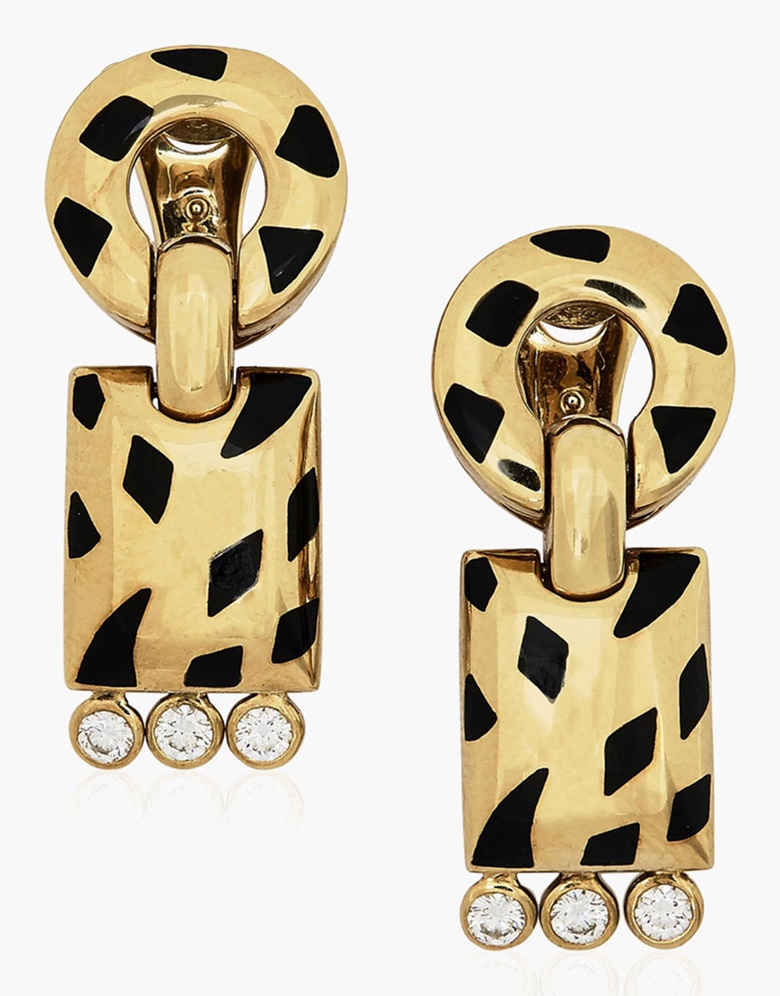 Cartier ‘Panthère de Cartier’ enamel and diamond earrings. Estimate $4,000-6,000. This lot is offered in Christies Jewels Online, 12-20 October 2016, Online