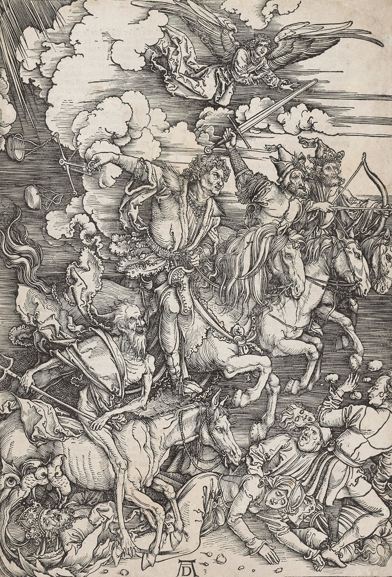 Albrecht Dürer (1471-1528), The Four Horsemen, From The Apocalypse, circa 1497-98. Sheet 394 x 279 mm. Estimate $25,000-35,000. This lot is offered in Death and Desire - The Collection of Giancarlo Beltrame, 25 October - 3 November 2016, Onlinee