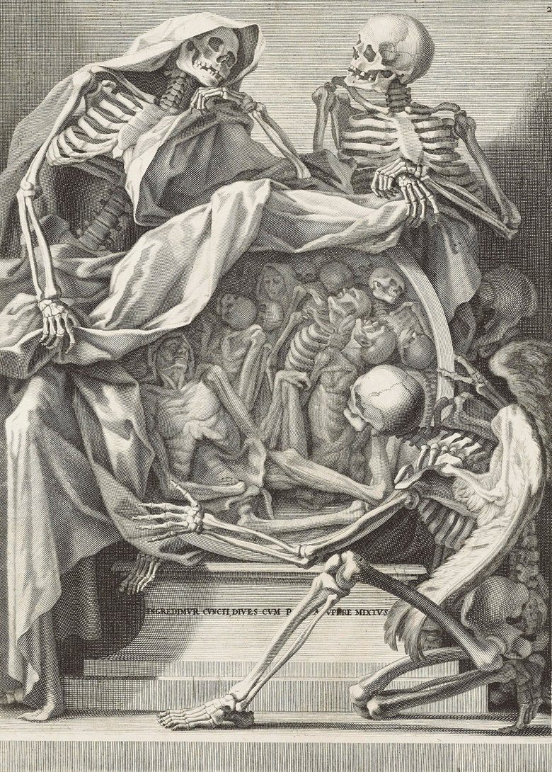Anonymous Italian, 18th Century, Memento Mori (INGREDIMVR CVNCTI, DIVES CVM PAVPERE MIXTVS), c. 1750. Plate 315 x 226 mm, sheet 457 x 358 mm. Estimate $600-800. This lot is offered in Death and Desire - The Collection of Giancarlo Beltrame, 25 October - 3 November 2016, Onlinee