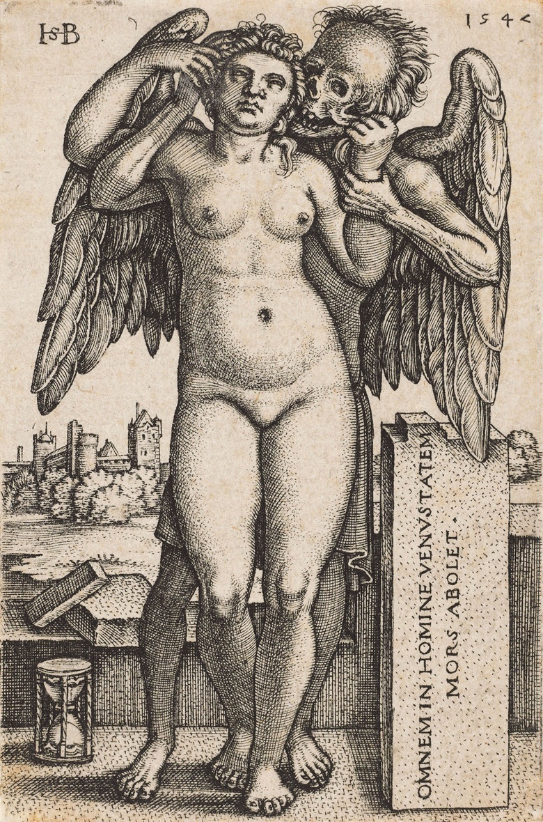 Hans Sebald Beham (1500-1550), Death and the Standing Nude Woman, 1547. Sheet 74 x 49 mm. Estimate $4,000-6,000. This lot is offered in Death and Desire - The Collection of Giancarlo Beltrame, 25 October - 3 November 2016, Onlinee
