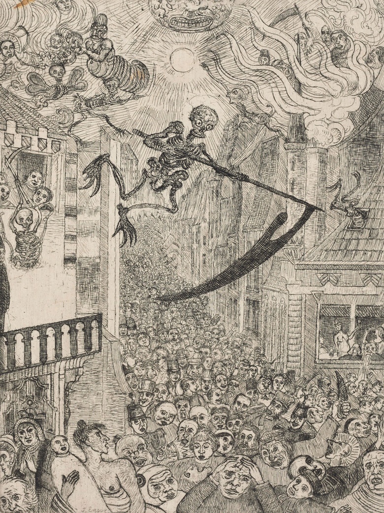 James Ensor (1860-1949), Death Pursuing a Flock of Humans, 1896. Plate 240 x 182 mm, sheet 320 x 225 mm. Estimate $8,000-12,000. This lot is offered in Death and Desire - The Collection of Giancarlo Beltrame, 25 October - 3 November 2016, Onlinee