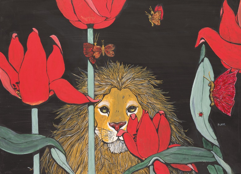 Fleur Cowles (American, 1908-2009), Lion Amongst Poppies and Butterflies. Oil on board, 21⅔ x 30 in (55.3 x 76.2 cm). Estimate £800-1,200. This lot is offered in Christies Interiors on 23 November 2016 at Christie’s in London, South Kensington