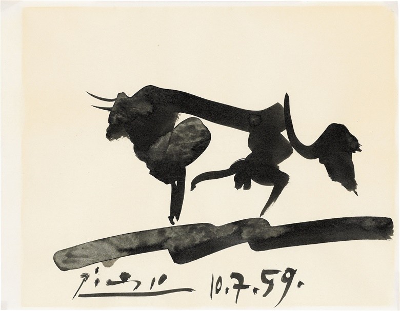 Pablo Picasso (French, 1881-1973), Taureau. Indian ink on paper, 8 ¼ x 10⅝ in (21 x 27 cm). Estimate £20,000-30,000. This lot is offered in Christies Interiors on 23 November 2016 at Christie’s in London, South Kensington