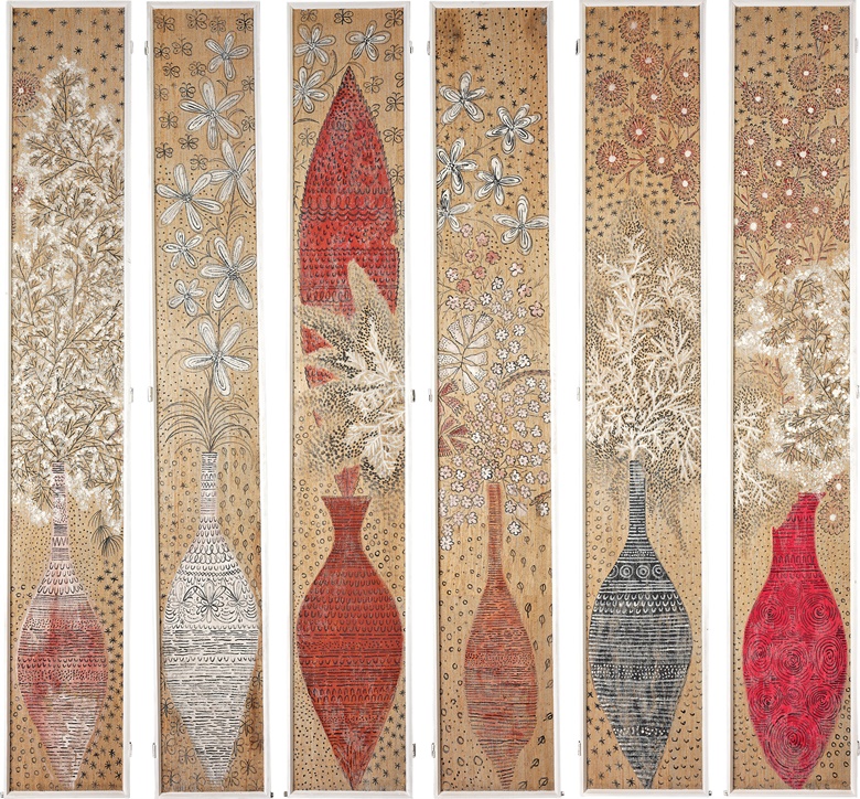 Six painted hessian panels, By Federico Pallavicini (Swiss, 1909-1989). Each panel 117 x 18⅜ in (297.2 x 47.3 cm) overall. Estimate £2,000-3,000. This lot is offered in Christies Interiors on 23 November 2016 at Christie’s in London, South Kensington