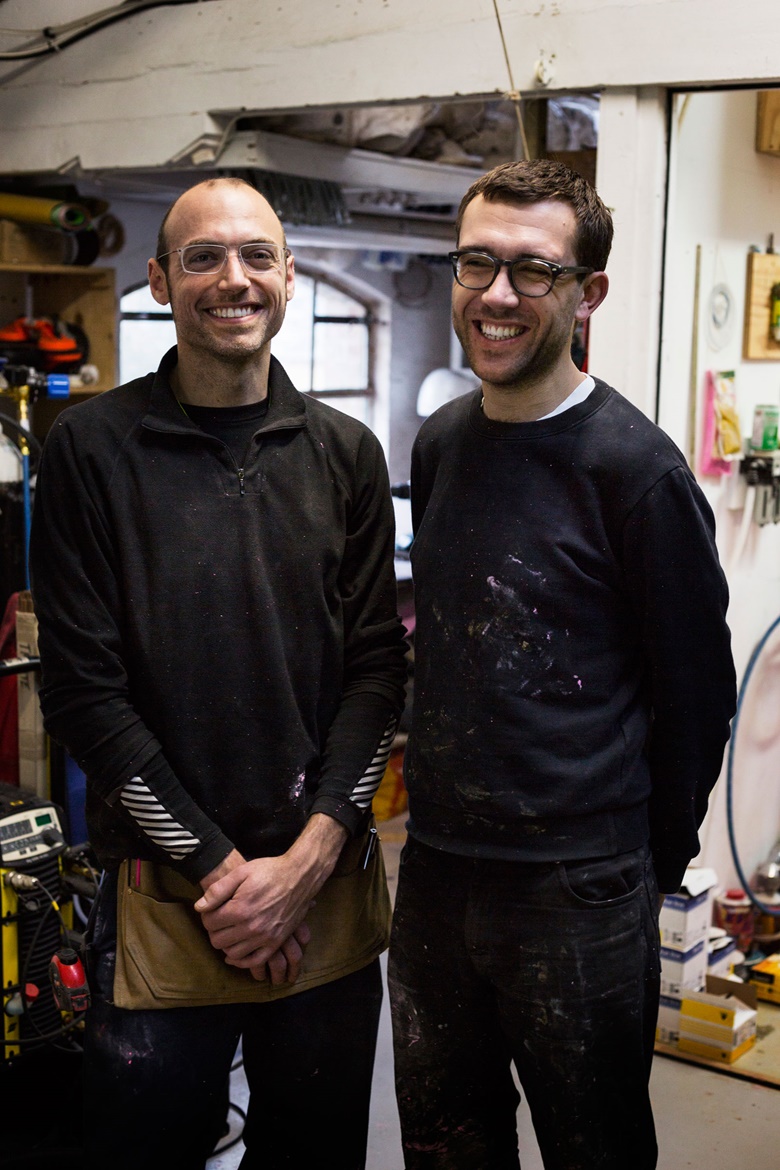 Jonathan Trayte (left) graduated from the Royal Academy Schools in 2010. His approach to making sculpture and installation is informed by our global language of consumption and the manipulation of consumer decision-making. London-born designer, printmaker and creative director Kit Neale (right) founded his namesake brand in 2012. He has worked on collaborations and special projects with IKEA,