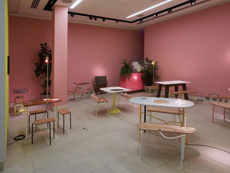 Kit Neale & Jonathan Trayte, Milk. Marble, granite, limestone, slate, powder-coated steel, stainless steel, beech, elm, alder, oak, plywood, light fittings, plants, paint, ceramic, concrete, resinated plaster, pigment, adhesives, rubber, leather, fabrics, string, casters, glass