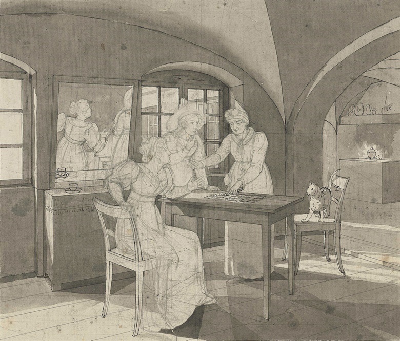 Johann Erdmann Hummel (Kassel 1769-1852), At the Fortune Tellers. Black chalk, pen and black ink, grey wash, with detailed perspective lines, watermark C & I Honig, 14¼ x 16⅜ in (36 x 41.4 cm). Estimate £1,000-1,500. This lot is offered in Old Master Drawings and British Drawings and Watercolours on 7 December 2016 at Christie’s in London, South Kensington