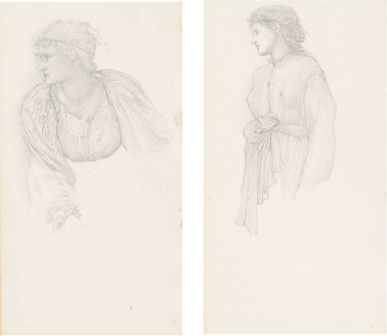 Sir Edward Coley Burne-Jones, Bt., A.R.A., R.W.S. (1833-1898), Studies for The Golden Stairs female figure studies, including possibly Margaret Burne-Jones and Mary Stuart Wortley, one with a subsidiary drapery study (verso) and one with a study for The Nativity (verso). Pencil on paper, five in one frame, 10 x 5½ in (25.4 x 14 cm), (5). Estimate £20,000-30,000. This lot is offered in