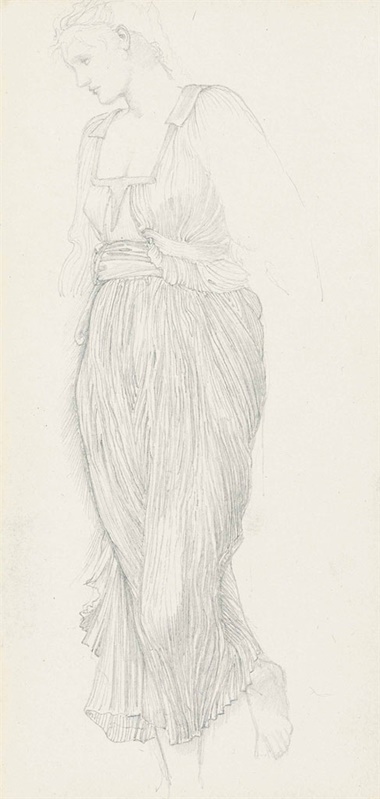 Sir Edward Coley Burne-Jones, Bt., A.R.A., R.W.S. (1833-1898), Study for The Golden Stairs Frances Graham at the Foot of the Stairs. Pencil on paper, laid onto the final page of Burne-Joness Roberson & Co. sketchbook, hessian bound, numbered and dated xiv 1880 (on the cover). 10 x 5½ in (25.4 x 14 cm). Estimate £10,000-15,000. This lot is offered in Victorian, Pre-Raphaelite and