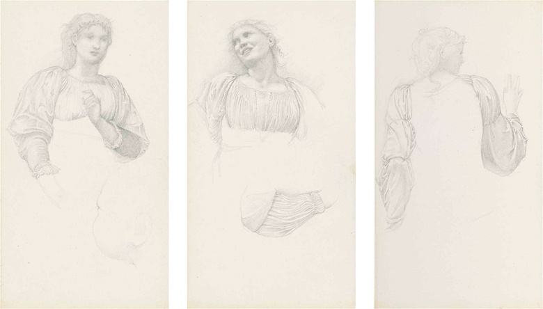 Sir Edward Coley Burne-Jones, Bt., A.R.A., R.W.S. (1833-1898), Studies for The Golden Stairs female figure studies, including possibly Margaret Burne-Jones and Mary Stuart Wortley, one with a subsidiary drapery study (verso) and one with a study for The Nativity (verso). Pencil on paper, five in one frame, 10 x 5 ½ in (25.4 x 14 cm), (5). Estimate £20,000-30,000. This lot is offered in Victorian,