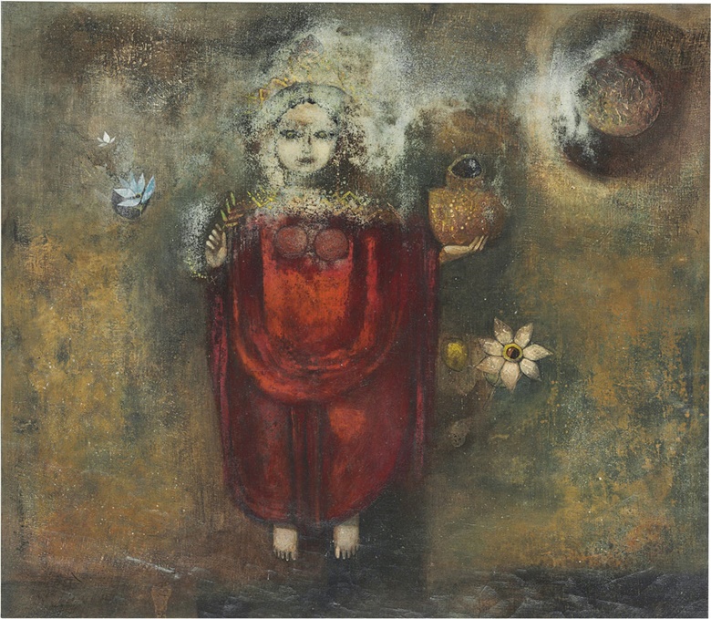 Ganesh Pyne (1937-2013), Untitled (Laxmi Emerging from the Ocean), 1973. Tempera on canvas, 19¼ x 22⅛ in (48.9 x 56.2 cm). Estimate INR80,00,000-120,00,000 ($1,300,000-1,800,000). This lot is offered in The India Sale - South Asian Modern + Contemporary Art on 18 December 2016 at Christie’s in Mumbai