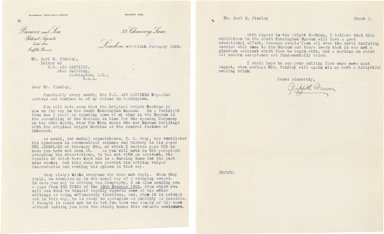 [Wright, Orville (1871-1948)] Brewer, Griffith (1867-1948). Correspondence of 11 typed letters signed (‘Griffith Brewer’), to Earl Findley, London, 14 February–16 May 1928. Click through for full lot details. Estimate $3,000-5,000. This lot is offered in Fine Printed Books and Manuscripts, including Americana on 14 December at Christie’s in New York