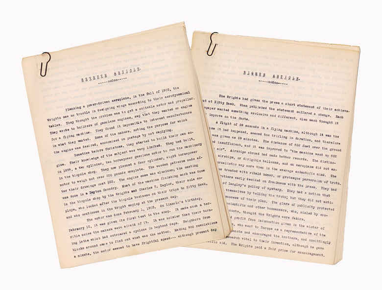 Wright, Orville (1871-1948). Archive of papers concerning the writing and eventual publication of a lengthy biography of Orville and Wilbur Wright. Together with other letters and copies of related correspondence (lacking first 12 pages). Estimate $15,000–20,000. This lot is offered in Fine Printed Books and Manuscripts, including Americana on 14 December at Christie’s in New York