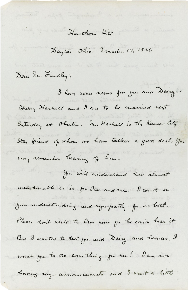Detail Wright, Katharine (1874-1929). An extensive correspondence of 41 autograph letters signed and six typed letters signed, (‘Katharine Wright’ and ‘Katharine’), Dayton and Kansas City, 28 January 1915 to 29 August 1928 to Earl Findley together with Findley’s retained return correspondence. Click through for full lot details. Estimate
