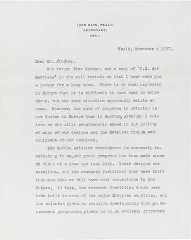 Lindbergh, Charles Augustus (1902-1974). Typed letter signed (‘Charles A. Lindbergh’), to Earl Findley, Weald, 9 November 1937. 3 pages, 4to. Estimate. $6,000–8,000. This lot is offered in Fine Printed Books and Manuscripts, including Americana on 14 December at Christie’s in New York