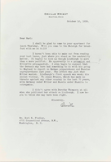 [Lindbergh, Charles (1902-1974)] Wright, Orville (1871-1948). Typed letter signed (‘Orville’) to Earl N. Findley, Dayton, 16 October 1939. Click through for full lot details. Estimate $10,000–15,000. This lot is offered in Fine Printed Books and Manuscripts, including Americana on 14 December at Christie’s in New York