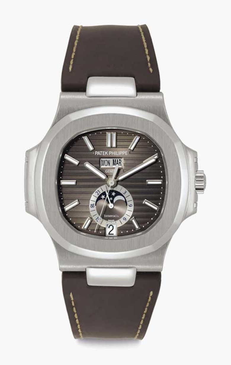 Patek Philippe. A stainless-steel automatic wristwatch with annual calendar, moon phases and daynight indication. Signed Patek Philippe, Genève, Retailed by Tiffany & Co., Nautilus Model, Ref. 5726A, Movement No. 5607769, Case No. 4752047, Circa 2012. This lot was offered in Rare Watches including NAUTILUS 40 part IV on 6 December 2016 at Christie’s in New York and sold for