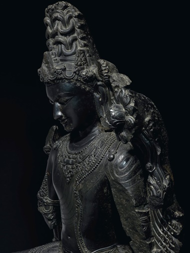 Carved in exceptional detail, the black stone — identified as schist — is familiar to the region of West Bengal and Bangladesh and could easily be mistaken for polished onyx or bronze