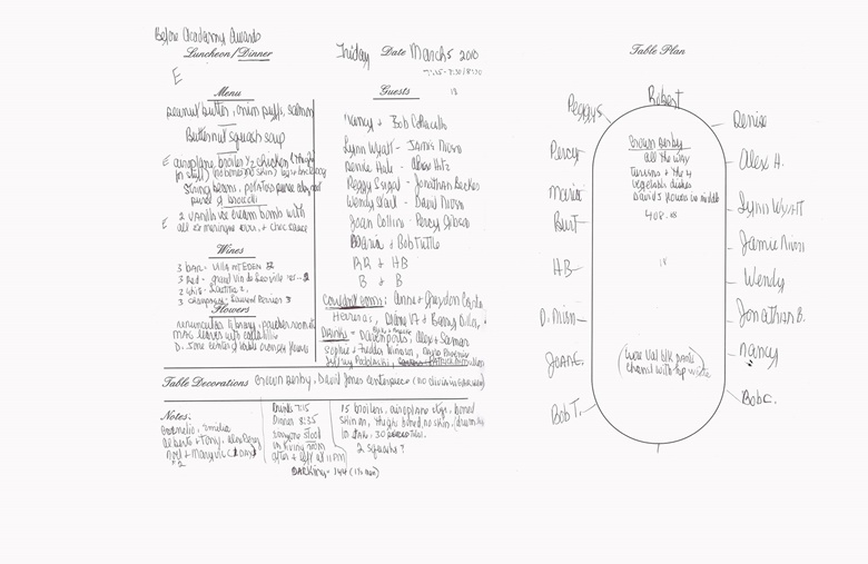 A detailed plan for a dinner Betsy Bloomingdale hosted before the Academy Awards in 2010, with guests including Mrs. Ronald Reagan and Joan Collins. Part of the Betsy Bloomingdale personal archive, courtesy of the Estate of Betsy Bloomingdale