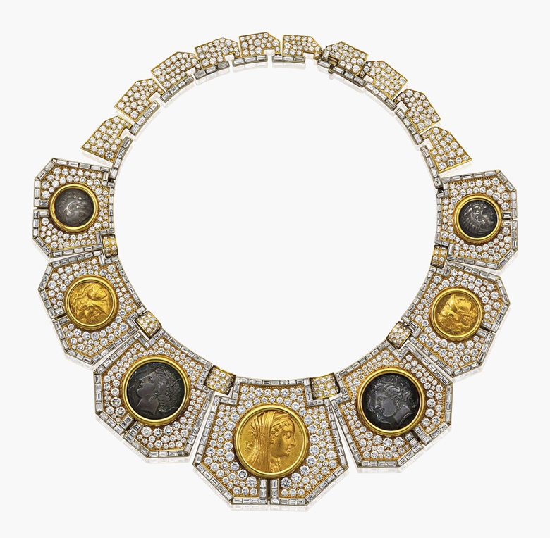 An ancient coin, diamond and gold necklace, by Massoni. The front suspending seven graduated pavé-set diamond geometric plaques, each enhanced by a baguette-cut diamond outline, the central pendant set with an Egyptian gold octadrachm, Ptolemy II (285-246 BC), flanked by a pair of Syracuse silver tetradrachms, additionally flanked by a pair of Alexander the Great (336-323 BC) silver