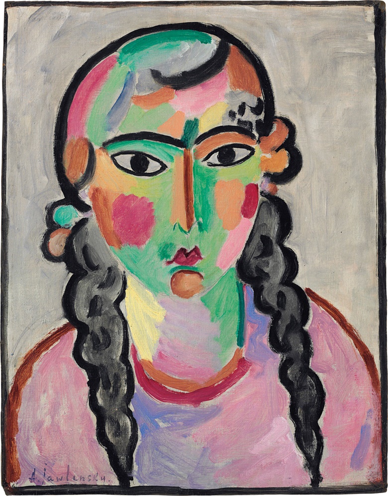 Alexej von Jawlensky (1864-1941), Das blasse Mädchen mit grauen Zopfen, circa 1916. Oil over pencil on linen-finish paper laid down on masonite, 25 x 19½ in (63.5 x 49.5 cm). Estimate $1,000,000-1,500,000. This lot is offered in Impressionist & Modern Art Evening Sale on 15 May 2017, at Christie’s in New York