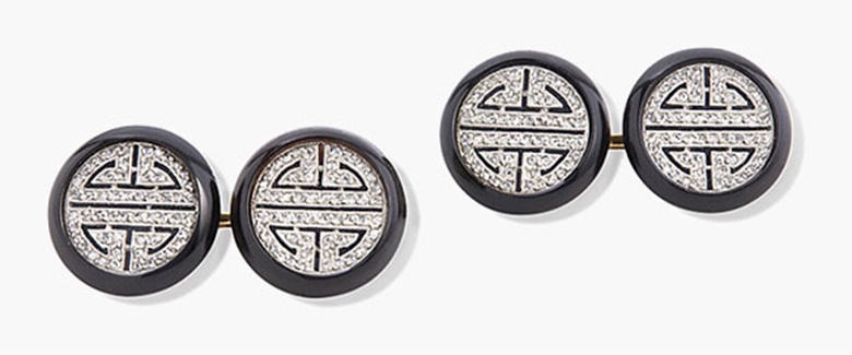 A pair of Art Deco onyx and diamond cufflinks, circa 1925, by Cartier. Each circular onyx panel set to the centre with a rose-cut diamond geometric openwork panel representing the Chinese symbol for longevity, circa 1925, with French assay mark for gold. Estimate SFr.4,000-6,000. This lot is offered in Magnificent Jewels on 17 May at Christie’s in Geneva p.p1 {margin 0.0px 0.0px