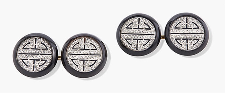 A pair of Art Deco onyx and diamond cufflinks, circa 1925, by Cartier. Each circular onyx panel set to the centre with a rose-cut diamond geometric openwork panel representing the Chinese symbol for longevity, circa 1925, with French assay mark for gold. Estimate SFr.4,000-6,000. This lot is offered in Magnificent Jewels on 17 May at Christie’s in Geneva p.p1 {margin 0.0px 0.0px