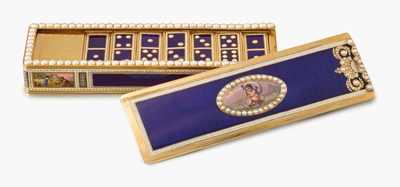 Moulinié, Bautte & Cie. An exceptional and magnificent, probably unique 18K gold enamel and pearl-set musical domino box with 28 18K gold enamel and pearl-set dominos, made for the Chinese market. Signed MB & C for Moulinié, Bautte & Cie, c. 1808. Estimate SFr.300,000-500,000. This lot is offered in Rare Watches and a Rolex Afternoon on 15 May 2017 at Christie’s in