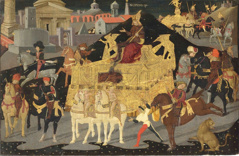 Apollonio di Giovanni (Florence c. 1416–1465). The Triumph of Scipio Africanus a cassone panel. tempera and gold on panel, 16⅛ x 24 ¾ in (41 x 62.8 cm). Estimate £250,000-350,000. This lot is offered in Old Masters Evening Sale on 6 July at Christie’s London