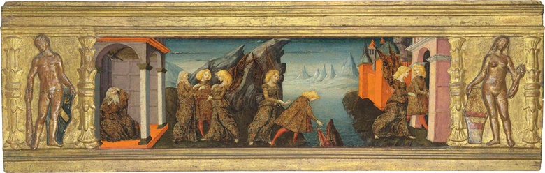 Attributed to Liberale da Verona (Verona c. 1445–15269). Tobias and the Angel a cassone panel. Tempera, gold and silver on panel. 21¾ x 68⅞ in (55 x 174.7 cm). Estimate £150,000-250,000. This lot is offered in Old Masters Evening Sale on 6 July at Christie’s London