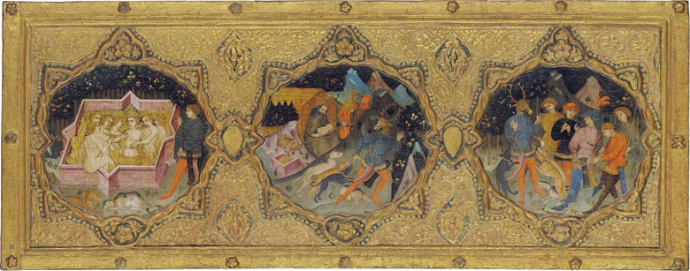 The Master of Charles III of Durazzo Francesco di Michele (active Florence by c. 1382). The Story of Diana and Actaeon, with Saint Jerome A cassone panel. Tempera and gold on panel, 18⅞ x 49 ¾ in (48 x 126.4 cm). Estimate £150,000-250,000. This lot is offered in Old Masters Evening Sale on 6 July at Christie’s London