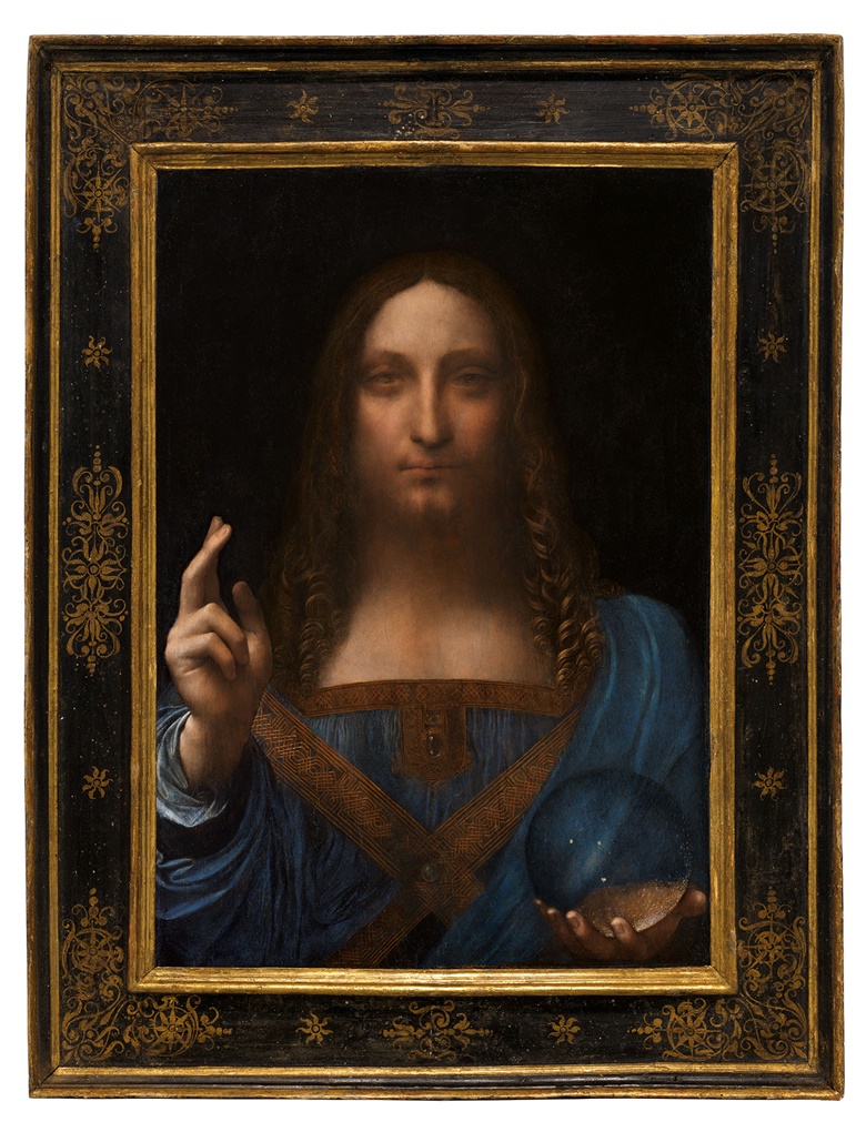 Leonardo da Vinci, Salvator Mundi. Oil on walnut panel. Panel dimensions 25 1316 x 17 1516 in (65.5 x 45.1 cm) top; 17¾ in (45.6 cm) bottom; Painted image dimensions 15⅜ x 17½ in (64.5 x 44.7 cm). Estimate on request. This work will be offered as a special lot in the Post-War and Contemporary Art Evening Sale on 15 November at Christie’s in New