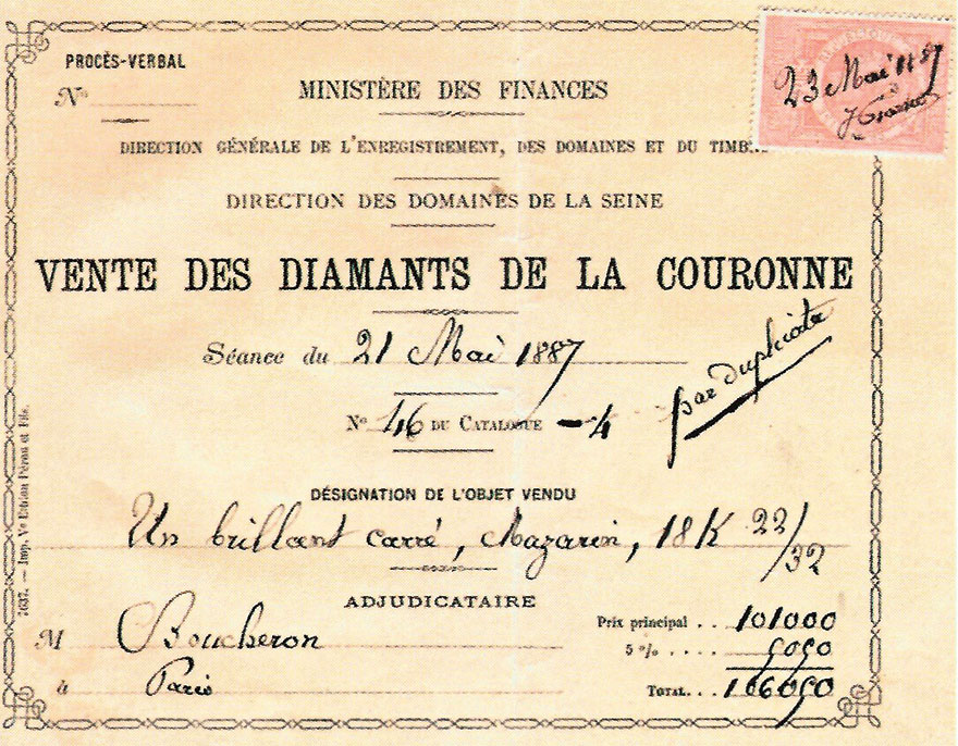 Invoice in the name of Boucheron for the Grand Mazarin diamond, lot 46 of the 1887 auction of the French crown jewels © Boucheron archives