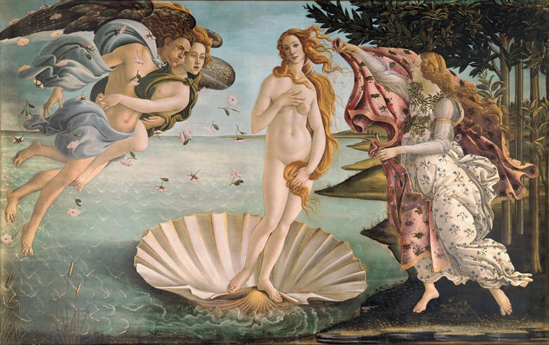 Sandro Botticelli, The Birth of Venus, circa 1485. Tempera on canvas. 172.5 x 278.5 cm. Galleria degli Uffizi, Florence. Photo Bridgeman Images