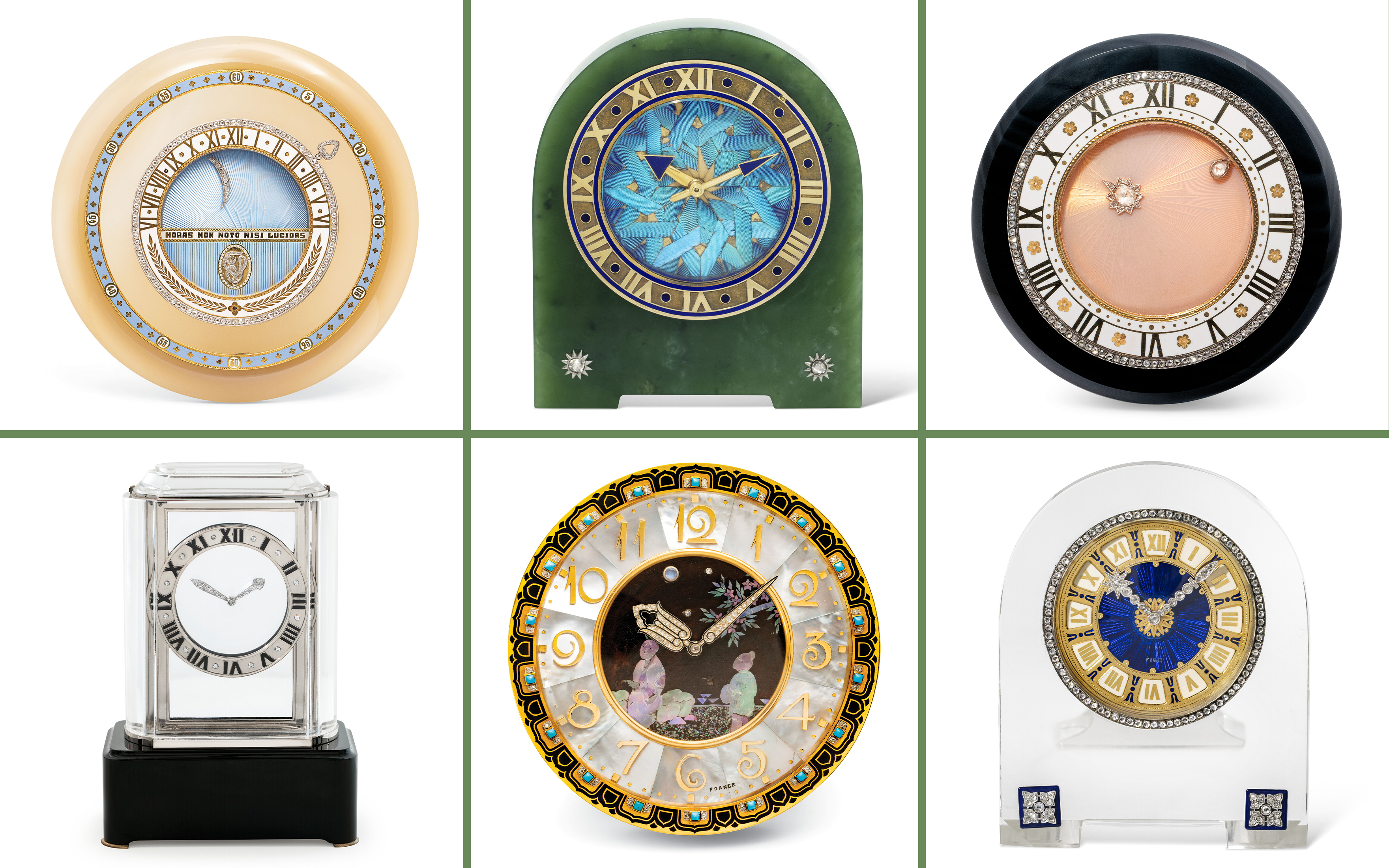 A selection of Cartier clocks offered at Christie’s, including mystery and semi-mystery clocks, and Art Deco models from the 1920s