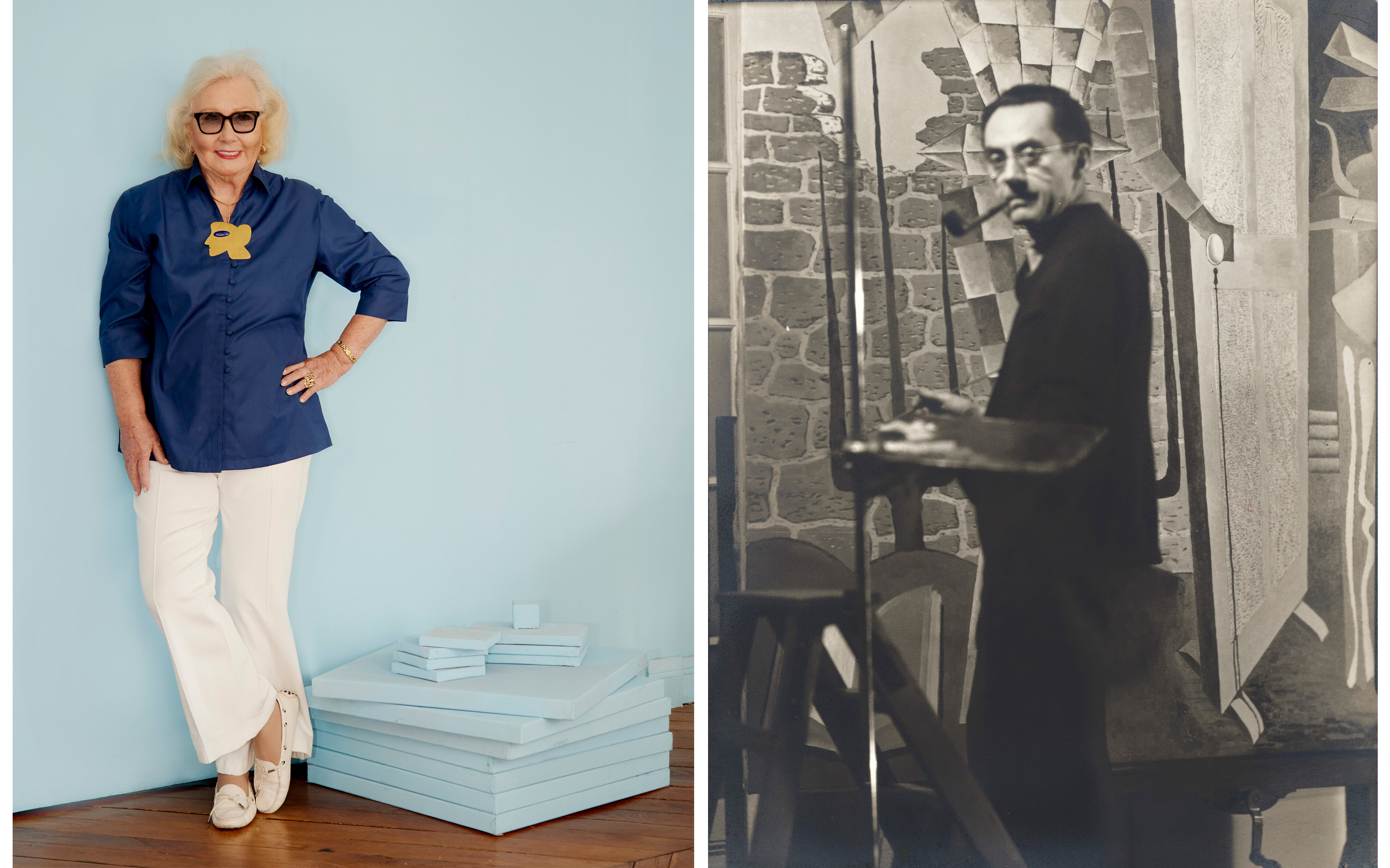 Left, Marion Meyer. Right, Man Ray, Man Ray et Ady peignant 'Le Beau Temps', 1939, offered in Man Ray dans la collection Marion Meyer on 11 April 2024 at Christie's in Paris