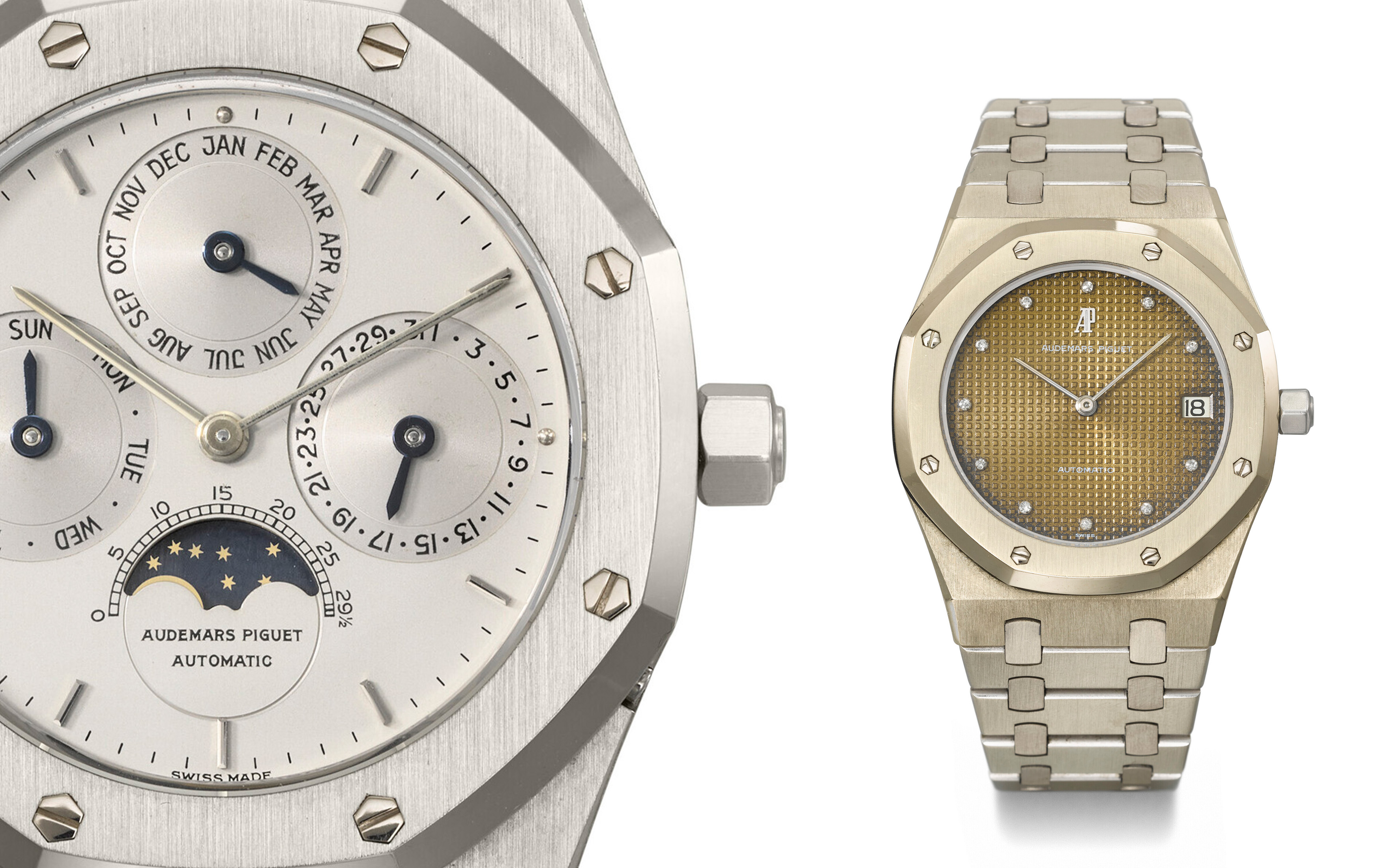 Audemars Piguet. Royal Oak Quantieme Perpetuel model, ref. 25654ST, no. 219, case no. C-28299, circa 1990. Sold for CHF 264,600. Right: Audemars Piguet, Royal Oak model, ref. 5402BC, no. 29, circa 1977. Sold for CHF 327,600. Both sold on 9 May 2022 at Christie's in Geneva