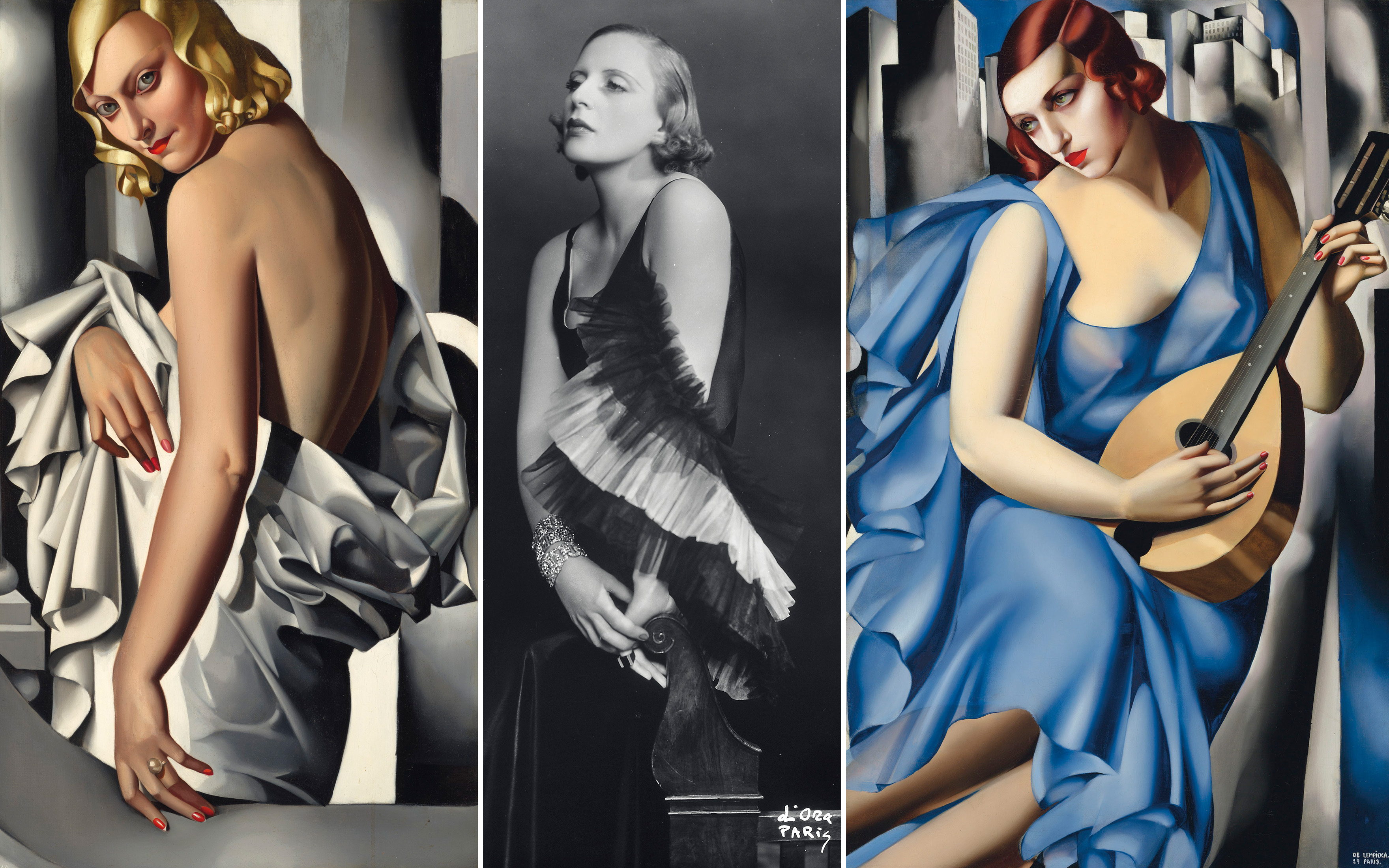 Left to right: Tamara de Lempicka's Portrait de Marjorie Ferry, 1931 (detail); the artist wearing a dress by Marcel Rochas, circa 1931; La Musicienne, 1929