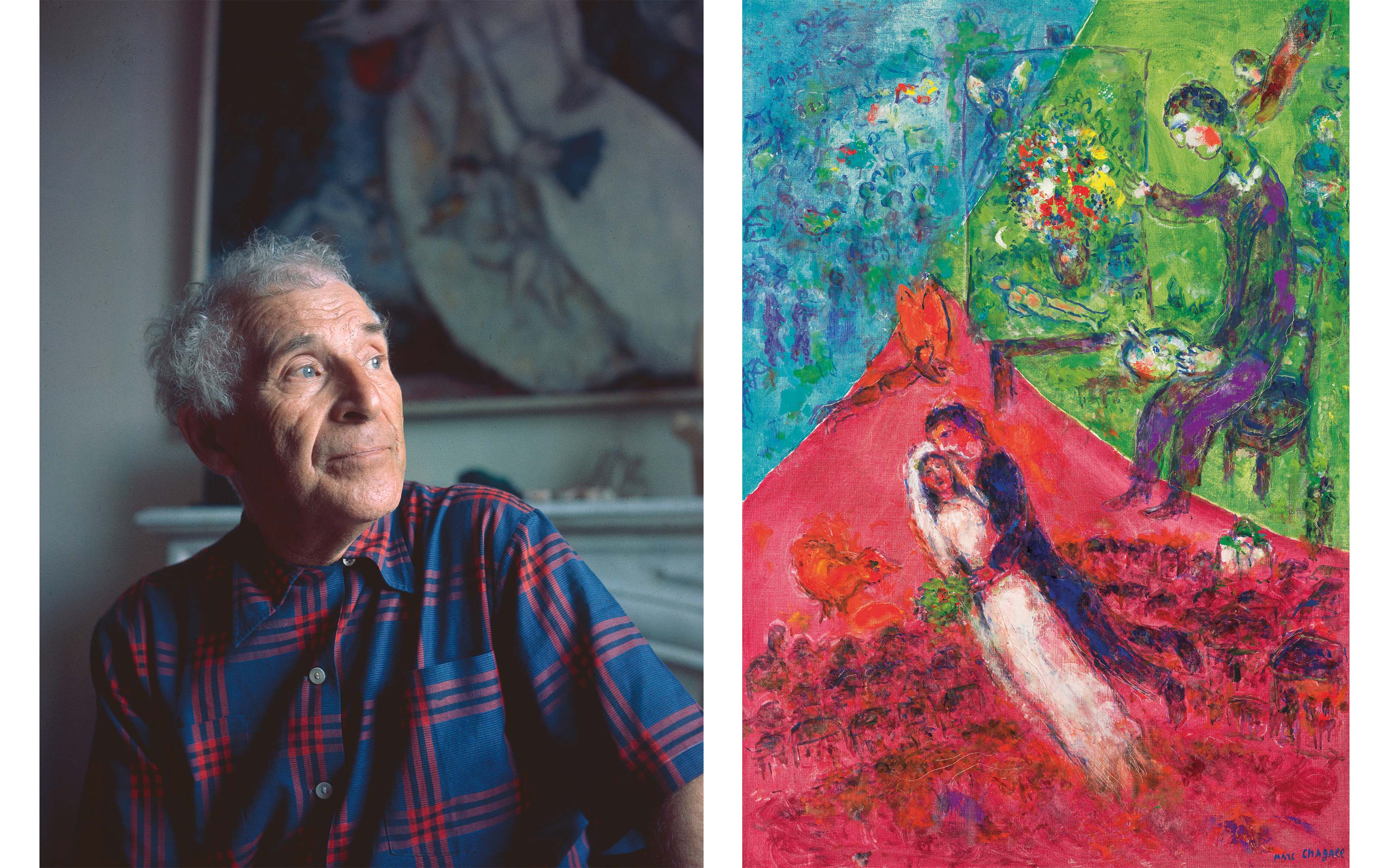 Marc Chagall at home in Saint-Paul-de-Vence, 1968. Right, Marc Chagall, Le peintre et les maries aux trois couleurs, 1984, sold for £1,602,000 on 28 June 2022 at Christie's in London