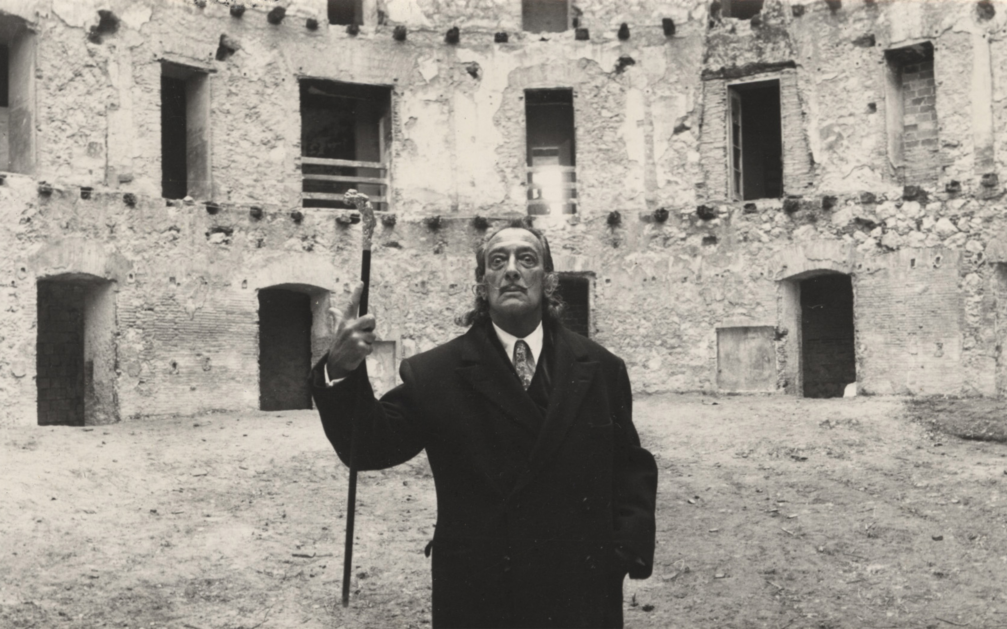 Salvador Dali in the courtyard of the future theatre-museum in Figueres, circa 1970