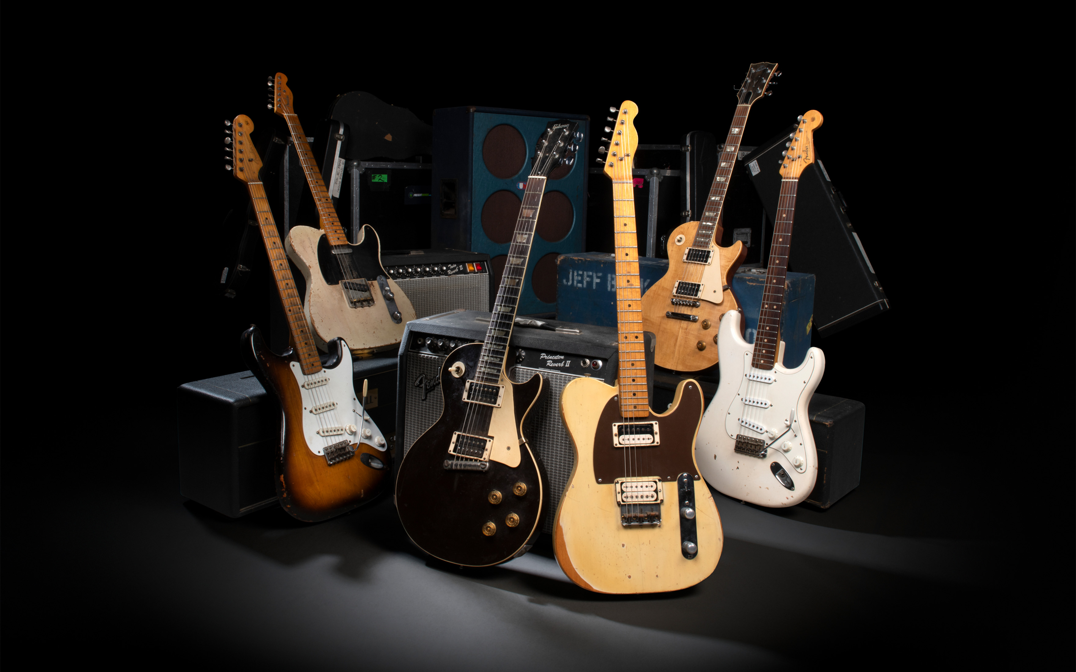 A selection of the guitars owned by Jeff Beck, many of which were gifted to him by fellow musicians including Jimmy Page, Billy F Gibbons, Steve Marriott and Johnny Depp
