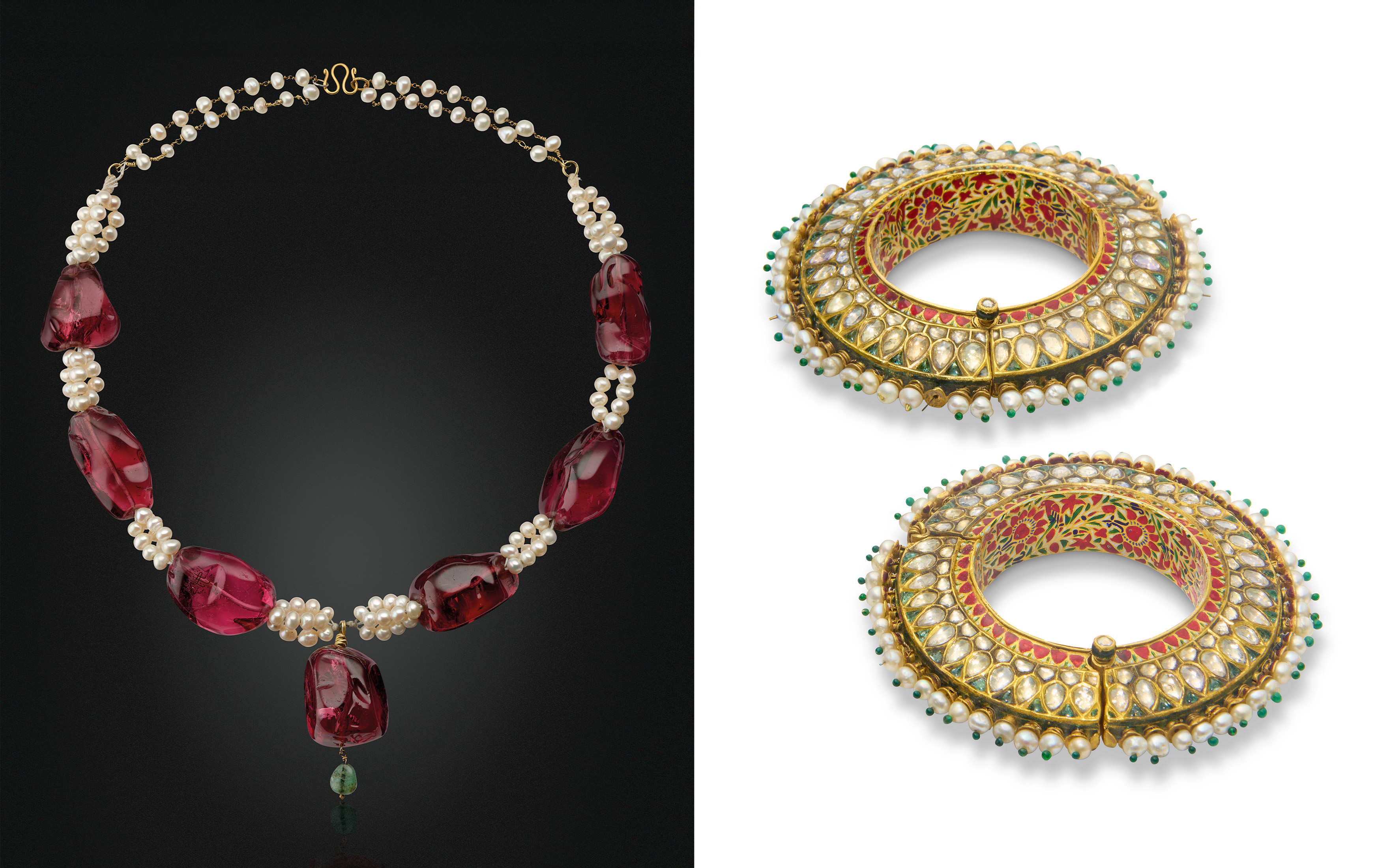 Left: an antique imperial spinel, pearl and emerald necklace. Right: a pair of gem-set enamelled gold bangles, probably Jaipur, Rajasthan, India, late 19th century, offered in Art of the Islamic and Indian Worlds including Rugs and Carpets on 1 May 2025 at Christie's in London