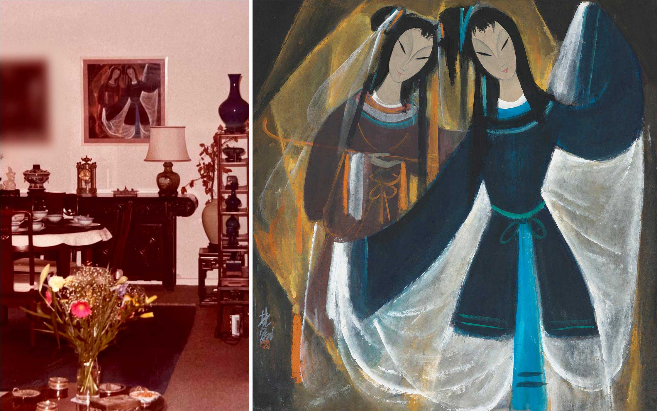 (Left) Frank and Linda Van Roosbroeck; (Right) Lin Fengmian (1900-1991), Lotus Lantern . Scroll, mounted and framed, ink and colour on paper. 67 x 65.8 cm (26 3⁄8 x 25 7⁄8 in). Estimate: HK$1,800,000-2,800,000. Offered in the Fine Chinese Modern and Contemporary Ink Paintings on 1 May at Christie’s Hong Kong  