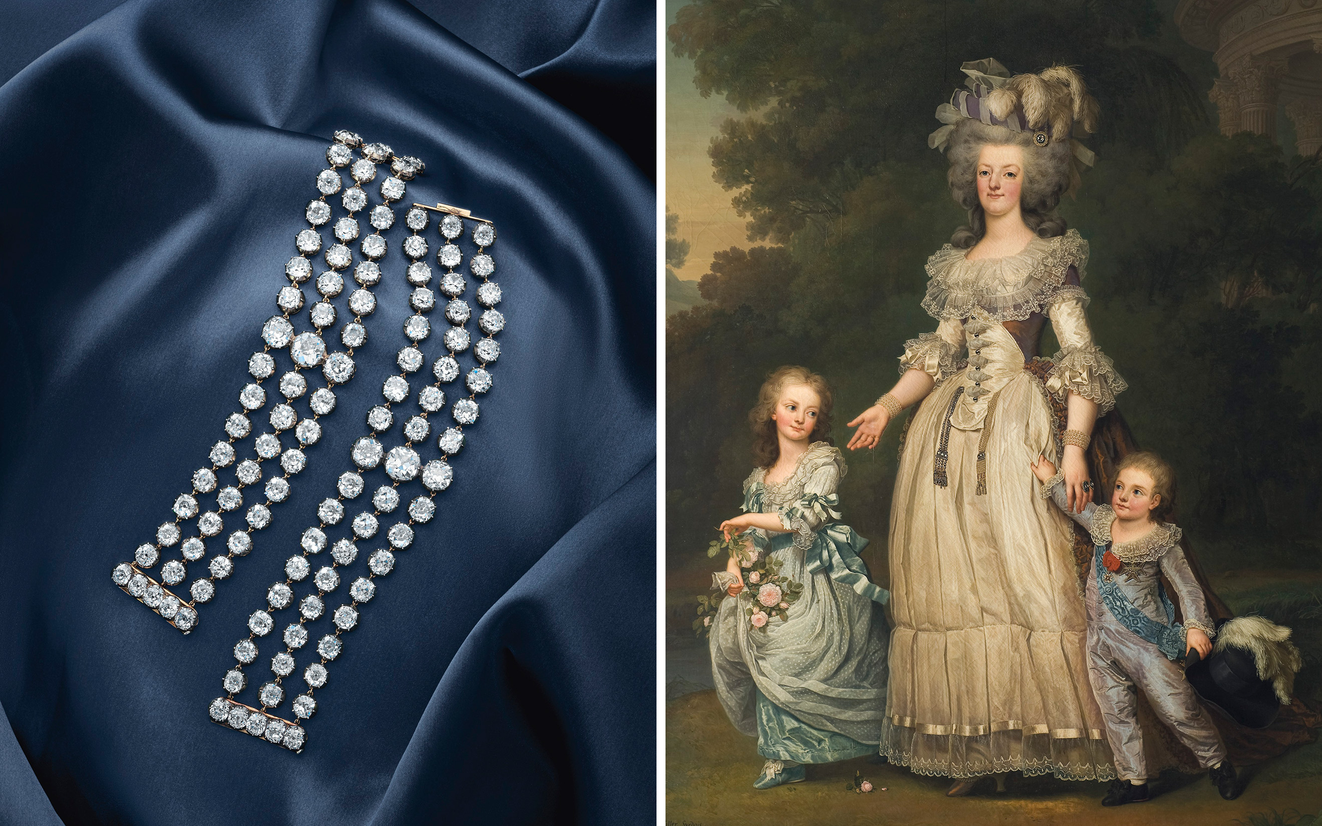 Left: The historic Marie-Antoinette diamonds, a pair of diamond bracelets. Sold for CHF 7,459,000 on 9 November 2021 at Christie's in Geneva. Right: Adolf Ulrik Wertmuller, Queen Marie Antoinette of France and Two of Her Children Walking in the Park of Trianon, 1785