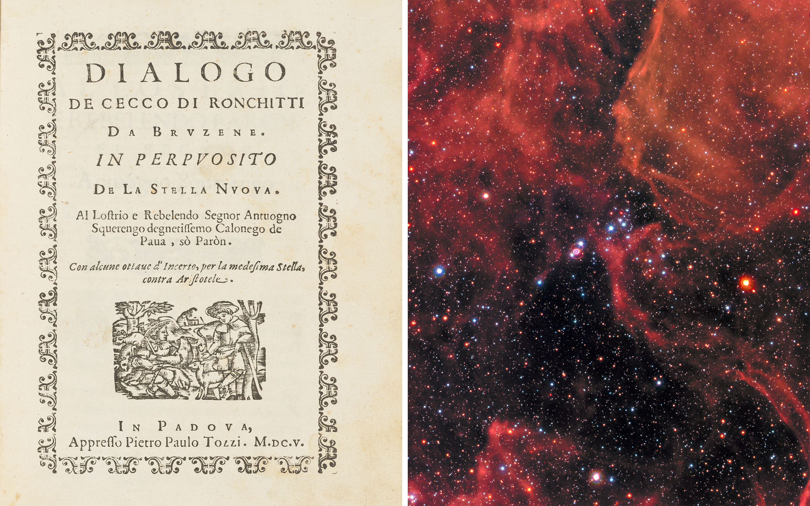 Left: Galileo Galilei and Girolamo Spinelli, Dialogo de Cecco di Ronchitti da Bruzene in perpuosito de la stella nuova, 1605, offered in Valuable Books and Manuscripts on 9 July 2025 at Christie's in London. Right: A NASA image of Supernova 1987A, which blazed with the power of 100 million suns for several months following its discovery on 23 February 1987, making it one of the brightest exploding stars since the Kepler Supernova of 1604, the inspiration for Galileo's book